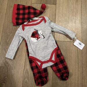 Emporio‎ Baby Holiday 3 Pc Set Bodysuit Footed Pants Hat Size 3/6 Mo Plaid
